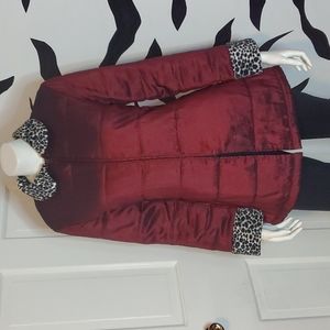 Vintage burgundy animal print trim coat